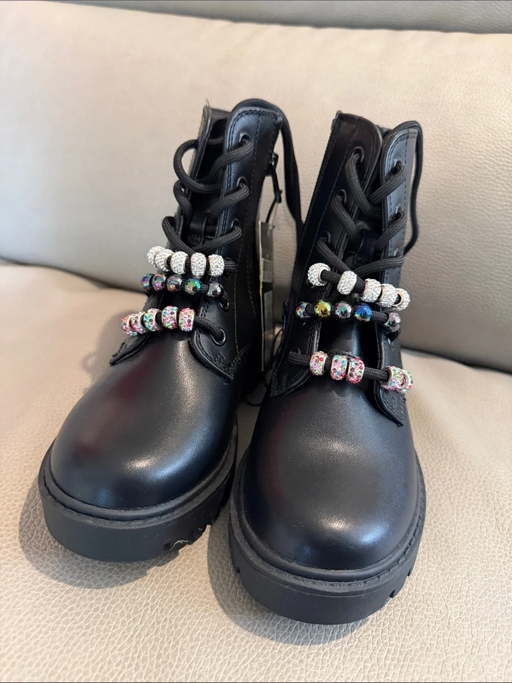 art class Black Lace-Up Kids Boots with Colorful Bead Accents